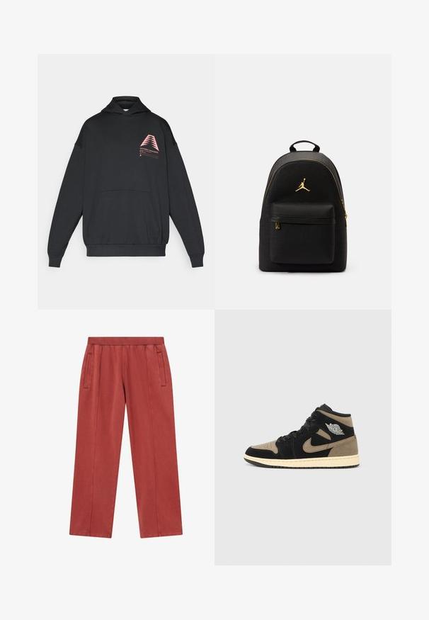 Czarna bluza z kapturem wykonana z miękkiej tkaniny. Posiada różowy geometryczny wzór na klatce piersiowej oraz przednią kieszeń kangurkę.; Rdzawoczerwone szerokie spodnie z miękkiego materiału, z bocznymi kieszeniami i fakturowanym paskiem dla komfortu.; Wysokie trampki wykonane z czarnego i beżowego zamszu, z perforowanym noskiem, beżową podeszwą środkową, czarnymi sznurowadłami oraz srebrnym logo po boku.; Czarny plecak z teksturowanym wykończeniem i wypukłymi logo, złotym zamkiem błyskawicznym oraz przednią kieszenią. Zaokrąglony górny fragment i regulowane ramiączka.