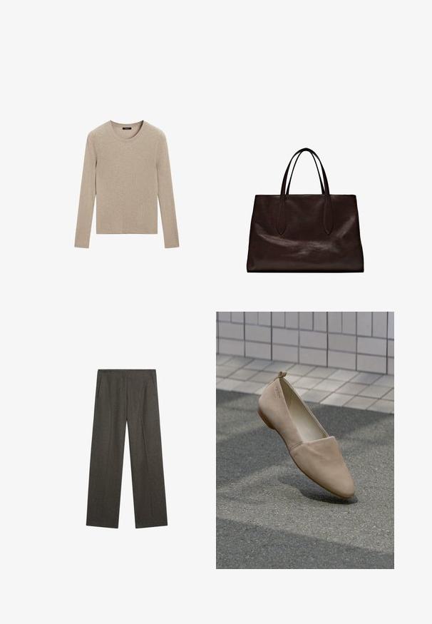 Massimo Dutti RIBBED CREW NECK - Maglione - LIGHT BROWN; Pantaloni a gamba larga grigio scuro realizzati in tessuto testurizzato, con due tasche laterali e una piega frontale pulita. Design semplice e sartoriale.; Scarpa piatta beige realizzata in materiale morbido, con punta affusolata e design minimalista. Include un piccolo tacco e un occhiello sul retro.; Massimo Dutti Borsa a mano - brown