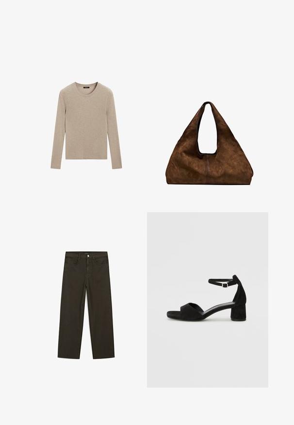 Massimo Dutti RIBBED CREW NECK - Svetr - LIGHT BROWN; Tmavě zelené široké džínsy vyrobené z bavlněné směsi, s předním zapínáním na knoflík, pěti kapsami a klasickým denimovým stehem.; Černé sametové sandály na podpatku s tenkým řemínkem kolem kotníku, otevřenou špičkou a skromným blokovým podpatkem. Hladká textura a minimální akcenty.; Hnědá semišová taška přes rameno s otevřeným vrchem. Disponuje hlubokým a širokým tělem, vyřezávaným držadlem a minimálním prošíváním pro čistý design.