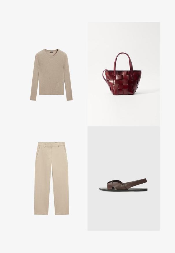 Massimo Dutti RIBBED CREW NECK - Jumper - LIGHT BROWN; Beige chinos made from cotton twill, featuring a straight leg design, two front pockets, and a zip fly closure. Smooth texture with minimal detailing.; Brown leather sandal with a cross-strap design, flat black sole, and adjustable back strap. Smooth texture and minimal hardware details.; Woven burgundy leather tote bag with two short handles and a detachable shoulder strap. Features a structured shape and smooth texture.