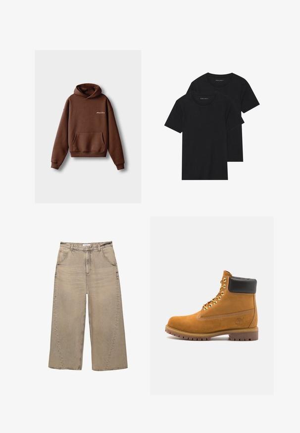 Barna kapucnis pulóver puha anyagból, elülső zsebbe húzva, bordázott mandzsettákkal és húzózsinórral ellátott kapucnival. Fehér hímzett logóval rendelkezik.; Két fekete pamut póló, rövid ujjú, kerek nyakkivágással és sima textúrával, egymásra rakva bemutatva.; PULL&BEAR MEGA BAGGY - Túlméretezett farmernadrág - light grey; Barna velúr bokacipő fekete párnázott gallérral, arany fém fűzőlyukakkal, fehér varrási részletekkel és durva gumitalppal, amelynek kifejezett barázdái vannak.
