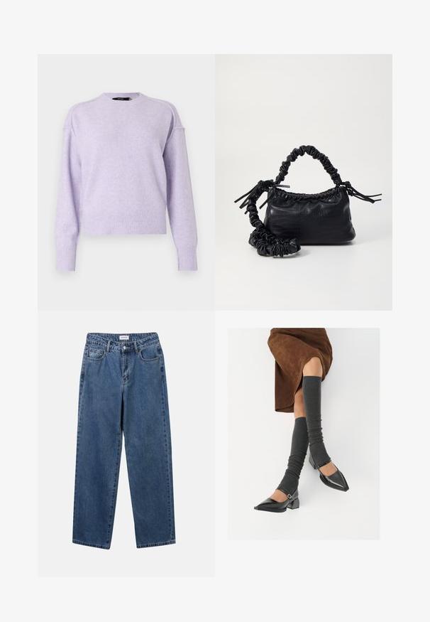 Suéter lilás claro com gola redonda, punhos e bainha canelados, e um ajuste ligeiramente solto. Textura suave com detalhe subtil ao longo dos ombros.; Jeans de denim azul clássicos com um design de perna reta, cinco bolsos e fecho de botão. Apresenta um tratamento médio e uma textura resistente.; Sapatos pretos de pele lacada com biqueira pontuda, salto bloco e tiras no tornozelo, combinados com caneleiras cinzas em malha e uma saia de camurça castanha.; Bolsa de mão em couro sintético preto com textura de crocodilo, topo franzido e alça enrugada. Apresenta um design suave e compacto.