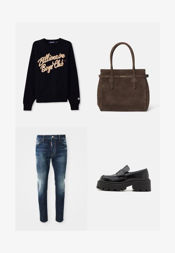 Hanorac negru cu un logo mare, în formă de plasă, de culoare aurie și albă "Billionaire Boys Club" pe față, cu manșete și tiv ribbate.; Top din bumbac alb fără mâneci, cu un decolteu rotund, având o textură netedă și o formă ajustată, conceput pentru purtarea casual.; Jeans de denim bleu închis cu o croială slim, având zone uzate pe coapse și genunchi, cinci buzunare și închidere cu un buton din metal.; Mocasini din piele neagră cu o talpă din cauciuc masiv, având o platformă ridicată și o curea peste glezna piciorului. Textură fină și formă rotundă.; Geantă de umăr din suede maro închis, cu două mânere și o curea orizontală care prezintă o mică placă logo aurie DSQUARED2.