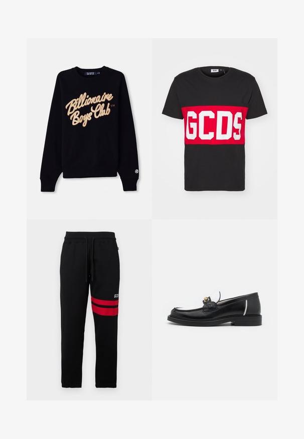 Black sweatshirt featuring a large, grid-patterned, gold and white "Billionaire Boys Club" logo on the front, with ribbed cuffs and hem.; GCDS BAND LOGO REGULAR - Print T-shirt - black; Black sweatpants with contrast red stripes and logo on the side. Features an elastic waistband with drawstring and tapered ankle cuffs.; Black leather loafer with a rounded toe, white accents, and gold hardware on the vamp. Features a textured patch and stacked heel.