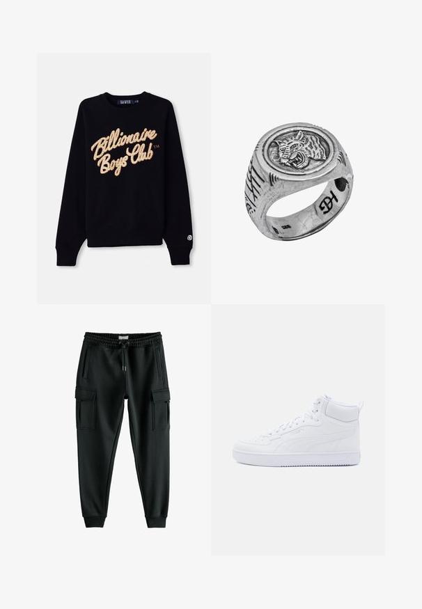 Melns kapučis ar lielu, režģa raksta zelta un baltu "Billionaire Boys Club" logo uz priekšpuses, ar ribotām aprocēm un apakšmalu.; Melnas sporta bikses, izgatavotas no mīksta auduma, ar elastīgu jostu ar auklu, divām sānu kabatām un divām dažāda stila kabatām.; Baltas augstspēdu sporta apavi, izgatavoti no ādas, ar gludu tekstūru, perforētu purngalu un mīkstu apkakli, ar toņu auklām un zīmolu.; Sterling sudraba gredzens ar apaļu, izcelto tīģera gravējumu, teksturētu joslu ar iegravētām līnijām un gludu iekšpusi.