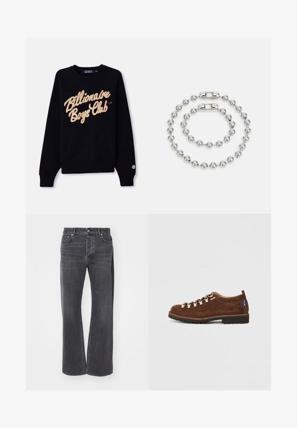 Black sweatshirt featuring a large, grid-patterned, gold and white "Billionaire Boys Club" logo on the front, with ribbed cuffs and hem.; Black high-waisted jeans with a loose, wide-legged design. Made of denim, featuring subtle fading and front and back pockets.; Brown suede shoes with a low-profile design, featuring metal eyelets and white laces, reinforced toe, and a textured black rubber sole.; Silver metal bracelet set featuring two strands of alternating round beads with a smooth finish and a magnetic clasp.