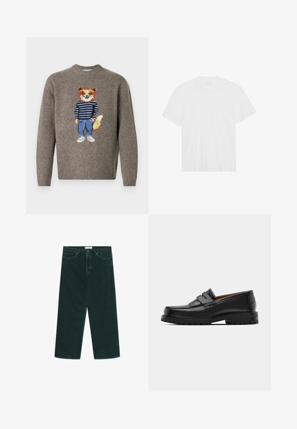 Brūns adījums džemperis ar izšūtu lapsu, kas valkā svītrainu džemperi, ziliem džinsiem un baltām kurpēm, priekšpusē.; Balta kokvilnas t-kreklā ar īsām piedurknēm, apaļu kakla izgriezumu un taisnu apakšmalu. Gluda tekstūra, minimālistisks dizains bez rakstiem vai akcentiem.; Tumši zaļi platās kājas denimi džinsi ar pogu un rāvējslēdzēja aizdari, priekšējām kabatām un siksnu cilpām, izklāti uz baltas fona.; Melni ādas loafers cepumi izceļas ar paceltu šuvu, divām dekoratīvām siksnām augšpusē un biezu teksturētu zoli labākai saķerei.