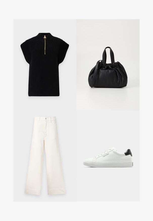 Black knitted top with a high collar and short sleeves, featuring a gold zipper accent at the neck. Textured fabric with ribbed design.; Wide-leg trousers in light beige cotton. Features a high waist, front pockets, and a straight cut. Clean hem finishing without patterns.; White sneaker with a smooth finish, black heel accent, and lace-up design. Features "Calvin Klein" branding on the side. Minimalist style.; Black leather handbag with a gathered top design, featuring two short handles and a long adjustable strap. Smooth texture, rounded shape.