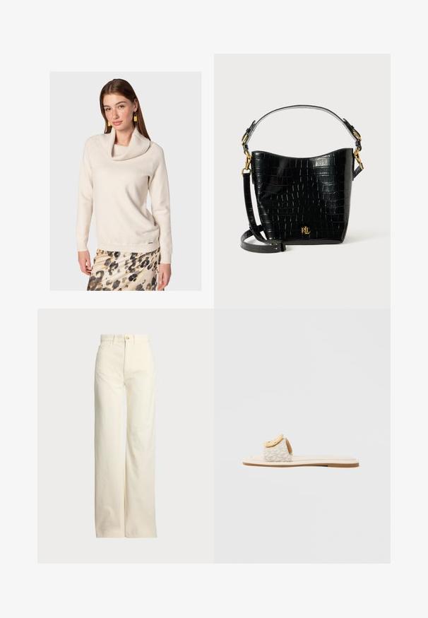 Beżowy sweter z golfem, prążkowanymi mankietami i dołem. Miękka faktura. Połączony z wzorzystą spódnicą w odcieniach brązu i kremu.; Polo Ralph Lauren - Spodnie materiałowe; Klapek z beżowym paskiem z geometrycznym wzorem, zaokrąglonym żółtym akcentem na górze oraz płaską, jasną podeszwą.; Czarna torba ze skóry z tłoczeniem w krokodylą skórę o zaokrąglonym kształcie, z akcentami ze złotego metalu, regulowanym paskiem oraz detalem logo z przodu.