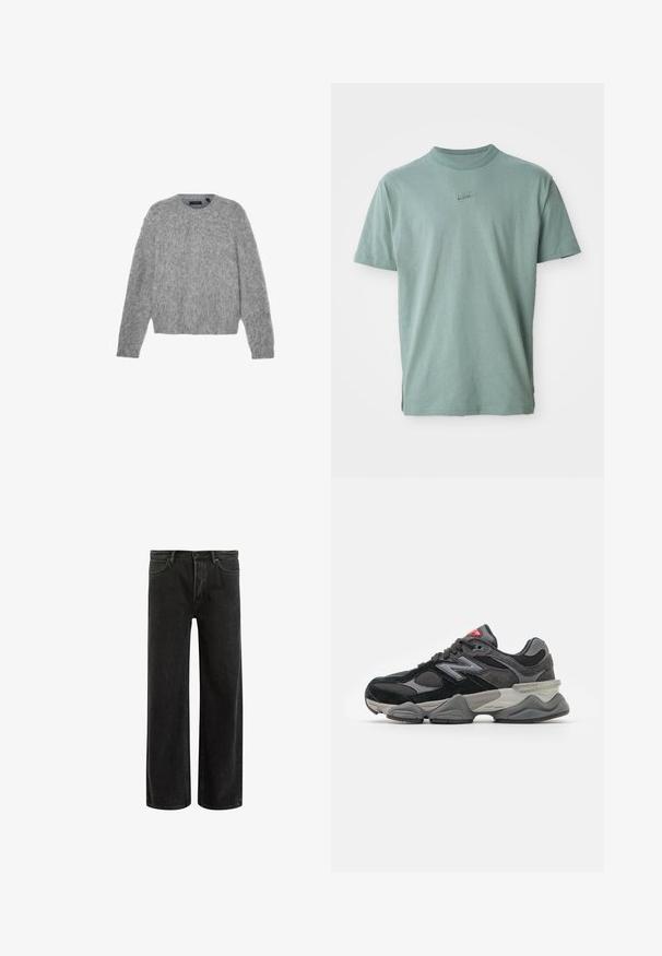 Jersey gris de mangas largas hecho de material esponjoso, con cuello redondo y un corte corto. Textura suave con un aspecto ligero y tierno.; Camiseta de algodón verde con mangas cortas, cuello redondo acanalado y logotipo bordado de Nike en el pecho. Textura suave y corte relajado.; Jeans de mezclilla negra de pierna ancha con cintura alta, que presentan un diseño clásico de cinco bolsillos y un sutil desvanecimiento para una apariencia texturizada.; Zapatilla negra y gris con una mezcla de materiales de ante y malla, suela gruesa, logotipo prominente y acento rojo en la lengüeta.