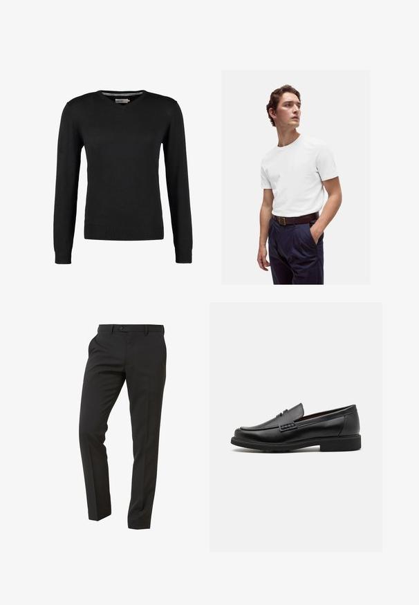 Sort, tætsiddende V-hals sweater med lange ærmer. Fremstillet af blødt strikstof, med ribbede manchetter og talje. Minimalistisk design.; Hvid bomulds T-shirt med rund halsudskæring, båret med marineblå plisserede bukser og et brunt læderbælte med en guldbuckle.; Next Trousers - Suit Trousers   Slim Fit - Habitbukser - mottled black; Sorte syntetiske loafers med en fremtrædende syet front, polstret indersål og flad gummiydersål; slankt design med minimal detaljer.
