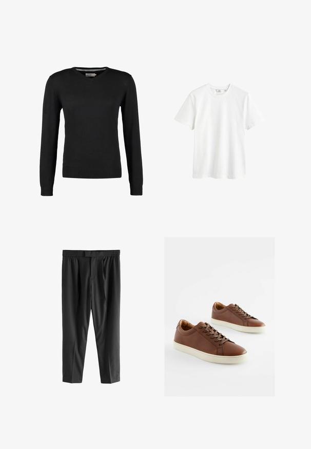 Juodas, prigludęs V-kaklo megztinis su ilgomis rankovėmis. Pagamintas iš minkštos mezgimo medžiagos, su raukšlėtais rankogaliais ir juosmeniu. Minimalistinio dizaino.; Balta medvilninė marškinė su apvaliu kaklu, trumpomis rankovėmis ir laisvu siluetu. Lygus paviršius ir jokių matomų raštų ar akcentų.; Next REGULAR FIT -CHECK SMART - Chino stiliaus kelnės - black; Rudi odiniai sportbačiai su lygiu paviršiumi, balti gumos padai ir derantys rudi raišteliai. Apvalaus piršo dizainas su minimaliais siuvimo elementais.