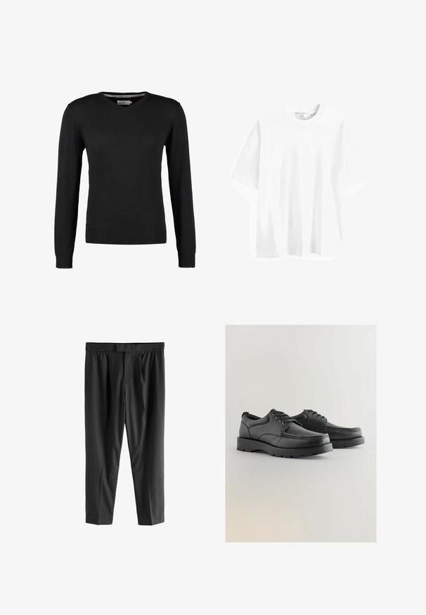 Juodas, prigludęs V-kaklo megztinis su ilgomis rankovėmis. Pagamintas iš minkštos mezgimo medžiagos, su raukšlėtais rankogaliais ir juosmeniu. Minimalistinio dizaino.; Balta medvilnė trumpomis rankovėmis marškinėliai su apvaliu iškirpimu, laisvu pritaikymu ir lygiu tekstūru. Nėra matomų raštų ar akcentų.; Next REGULAR FIT -CHECK SMART - Chino stiliaus kelnės - black; Juodos odinės bateliai su tekstūruota viršutine dalimi, apvaliu priekiu, raištelių dizainu ir storais guminiais padais su protektoriumi.