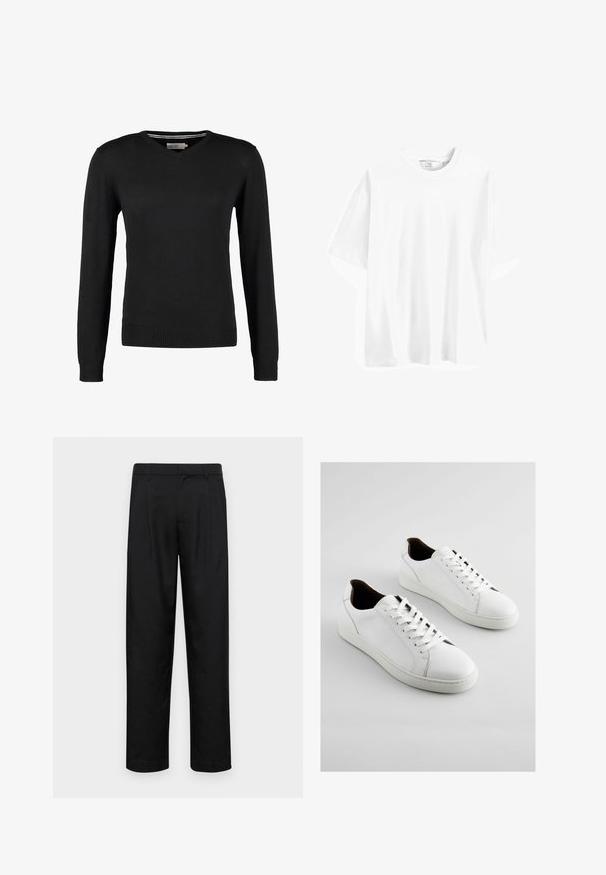 Mustmust mustriba, V-kaelusega särk pikkade varrukatega. Valmistatud pehmest kudumisest, ribide ja vöökohtadega. Minimalistlik disain.; Valge puuvillane lühikeste varrukatega t-särk ringkaelusega, mugava lõikega ja sileda tekstuuriga. Ilma nähtavate mustrite või dekoratsioonideta.; Mustad mustadest riietest, millel on sirge jalgade disain, kaks eesmist voltimist ja tavaline vöökoht, millel on vöökohad.; Valged tennisjalad, mis on valmistatud siledast nahast, ümarate varvastega, paeltega esiosaga ja minimalistliku disainiga, millel on pruunid aktsendid kanna juures.