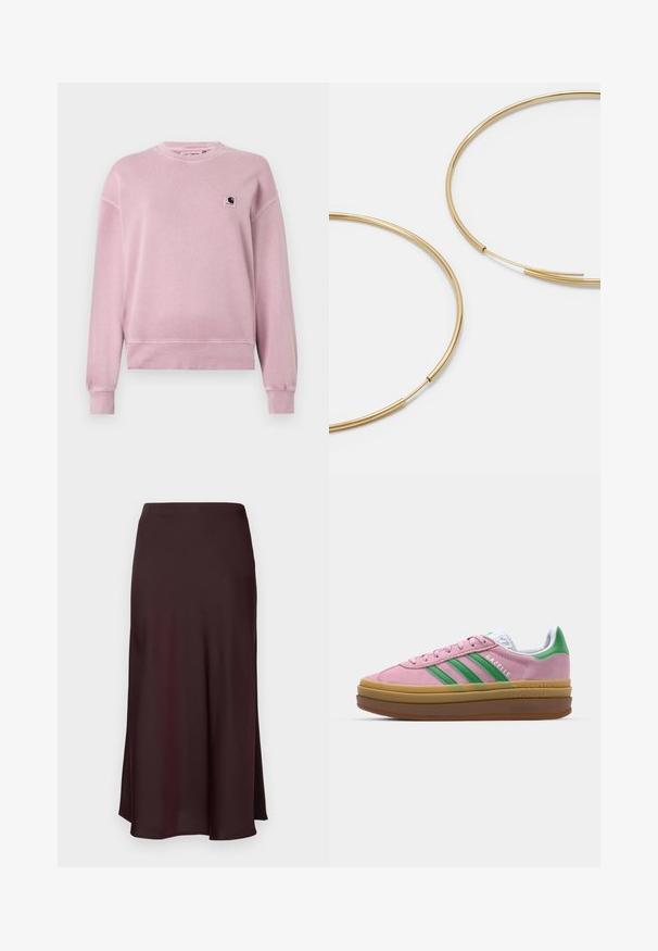 Jasnoróżowa bluza wykonana z miękkiego materiału, z okrągłym dekoltem, długimi rękawami i małą łatką z logo na lewej części klatki piersiowej.; Burgundowa satynowa spódnica midi o gładkiej fakturze, prostym kroju i lekko rozkloszowanym dole. Bez widocznych wzorów ani elementów metalowych.; Różowe zamszowe sneakersy z zielonymi paskami, białymi akcentami i brązową gumową podeszwą. Posiadają teksturowany materiał i detale logo po boku.; Złote kolczyki w kształcie cienkich okrągłych obręczy, o gładkim metalicznym wykończeniu, bez zdobień czy wzorów.