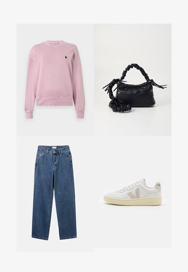 Light pink sweatshirt made of soft fabric, featuring a round neck, long sleeves, and a small logo patch on the left chest area.; Classic blue denim jeans with a straight-leg design, five pockets, and a button closure. Features a medium wash and sturdy texture.; White leather sneaker with beige suede accents, perforated toe box, flat laces, and a textured cream sole. Features subtle branding on heel.; Black faux leather handbag with a crocodile texture, cinched top, and a scrunched strap. Appears soft and compact in design.