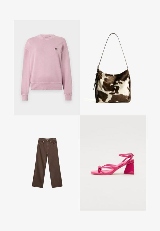 Svetloružový sveter vyrobený z mäkkého materiálu, má okrúhly výstrih, dlhé rukávy a malú nášivku s logom na ľavej strane hrude.; Džínsy s širokými nohavicami v hnedej farbe, vyrobené z denimu, so zvýšeným pásom, prednými vreckami a klasickým zapínaním na gombík. Hladká textúra s jemným prešívaním.; Ružové lakované kožené sandále na podpätku so štvorcovou špičkou, úzkymi popruhmi a geometrickým blokovým podpätkom. Obsahujú sponu na popruhu.; Hnedo-krémová kravská koža cez plece s hladkým koženým remienkom, zipsovým uzáverom a mäkkým, textúrovaným povrchom s prírodným vzorom.