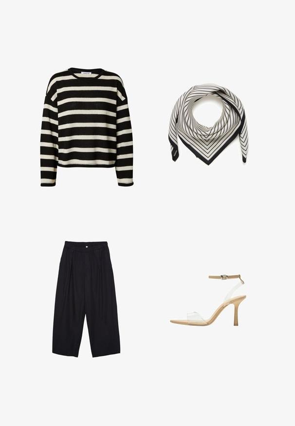 Gestreifter Strickpullover in Schwarz und Weiß mit Rundhalsausschnitt, cropped Design und langen Ärmeln. Verfügt über einen strukturierten Stoff und gerippte Säume.; Schwarze Polyester-Culotte mit einem elastischen Bund, zwei vorderen Falten und einer lockeren Silhouette. Keine sichtbaren Muster oder Hardware-Details.; Durchsichtige Sandale mit transparentem Obermaterial, beigem Fußbett und einem schlanken Knöchelriemen. Sie hat eine spitz zulaufende Zehenpartie und einen dünnen, hohen Absatz.; Seidenschal mit gestreiften Mustern in Creme und Marineblau, dreieckige Form, mit schrägen Linien und einem einfarbigen Marineblauen Rand. Weiche Textur.; Schwarze Lackleder-Handtasche mit geschwungenem Design, einem Schulterriemen, Vordertaschen und silberfarbenen Hardware-Akzenten.