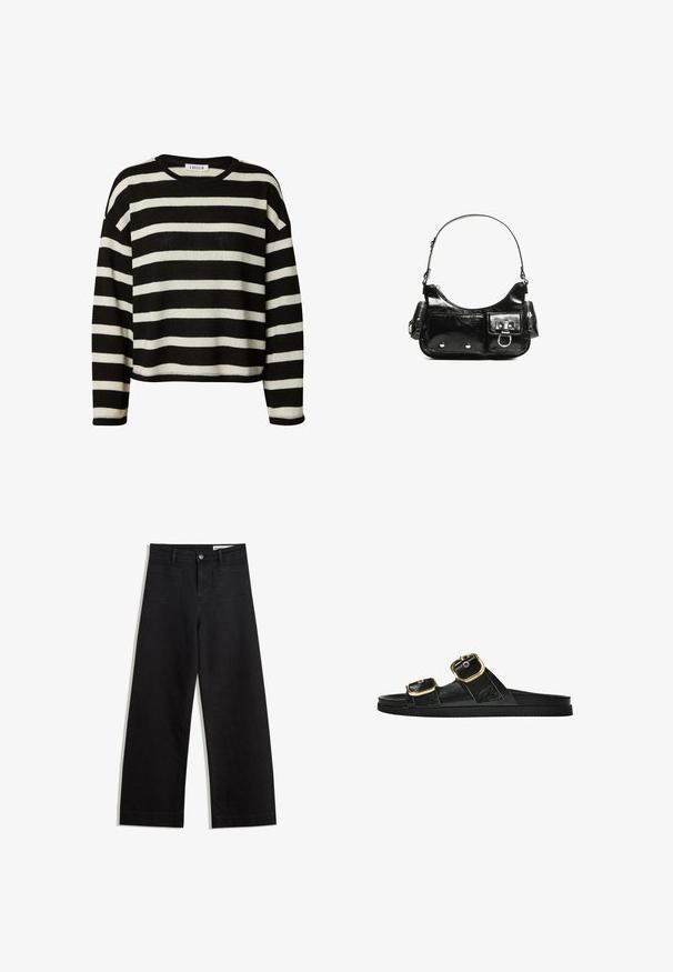 Gestreifter Strickpullover in Schwarz und Weiß mit Rundhalsausschnitt, cropped Design und langen Ärmeln. Verfügt über einen strukturierten Stoff und gerippte Säume.; Schwarze weit geschnittene Jeans mit hoher Taille, ausgestattet mit Vorder- und Hintertaschen, gesteppten Nähten und einem Knopfverschluss. Glatte Textur.; Schwarze Riemensandale mit zwei goldenen Schnallendetails, glattem Material, flachem Sohlen und minimalistischer Gestaltung.; Schwarze Lackleder-Handtasche mit geschwungenem Design, einem Schulterriemen, Vordertaschen und silberfarbenen Hardware-Akzenten.