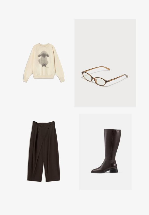 Krämfärgad sweatshirt med en grå akvarellkanin-design i mitten, ribbat nacke och ärmslut, samt en avslappnad passform. Mjuk bomullsmaterial.; Mörkbruna vida byxor med hög midja, med en enkel knappstängning och plisserad front. Tillverkade av lätt tyg.; Knähöga bruna läderstövlar med en slät finish, rund tå och en staplad svart klack. Enkel design med minimala hårdvarudetaljer.; Bruna sköldpaddsformade glasögon med ovala linser, tunna skalmar och transparanta detaljer. Innehåller en diskret logotyp på bågen. Snygg, lätt design.