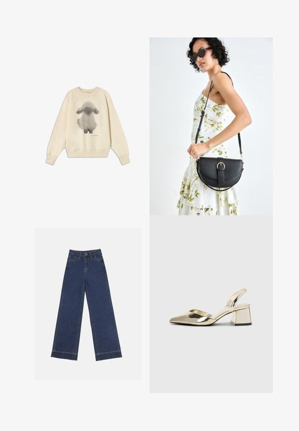 Kremeni dukserica s dizajnom zeca u sivoj akvarel tehnici u središtu, rebrasti izrez i manžetne, te opušteni kroj. Mekan pamučni materijal.; Široke traperice u tamnoplavom denimu. Imaju pet džepova, petlje za pojas i siroki rub na dnu s vidljivim detaljima šavova.; Zlatni metalik slingback sandali s šiljatim vrhom i debelim potpeticama. Glatka tekstura, minimalistički dizajn i uski remen.; Crna kožna torba s lukovitim oblikom, odvojivim remenom i zlatnim detaljima. Torba ima preklop s kopčom.