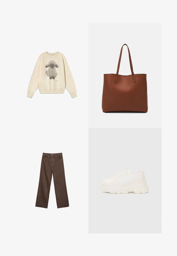 Cream sweatshirt with a gray watercolor bunny design in the center, ribbed neckline and cuffs, and a relaxed fit. Soft cotton material.; Wide-leg brown jeans made of denim, featuring a high waist, front pockets, and a classic button closure. Smooth texture with subtle stitching.; White canvas sneaker with a chunky sole, rounded toe, and five eyelets for laces. Back tab for easy wear. Smooth texture, minimalist design.; Brown leather tote bag with a smooth texture, open top design, and two shoulder straps. Features minimal stitching and no visible hardware.