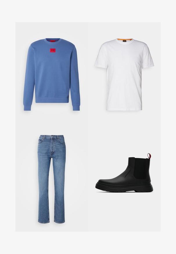 Blå hettegenser med rund hals, ribbede ermer og kant. Sentral rød firkantet lapp med "HUGO"-merke. Jevn tekstur.; Hvit t-skjorte av bomull med rund hals, korte ermer og en subtil preget logo på brystet. Innvendig etikett har en oransje aksent.; Blå denimjeans med høy midje, rett ben-design og subtil falming. Har klassisk fem-lomme stil og glidelås lukking.; Sorte ankelstøvler med en glat overflade, elastiske sidepaneler og en kontrastfyldt rød trækflik, med en tykk gummisål og rund tå.