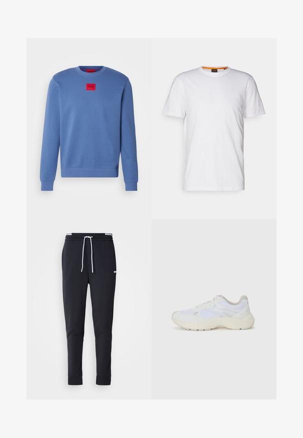 Felpa blu con colletto tondo, polsini e fondo a costine. Toppa quadrata rossa centrata con etichetta "HUGO". Texture del tessuto liscia.; T-shirt bianco in cotone con collo rotondo, maniche corte e un logo a rilievo discreto sul petto. L'etichetta interna ha un accento arancione.; Pantaloni jogger slim-fit neri con cordoncino bianco, vita elastica con strisce bianche e piccolo logo bianco sulla coscia superiore.; Scarpe da ginnastica bianche in mesh e suede, con una suola intermedia testurizzata, dettagli testurizzati e il logo "HUGO" sul lato.