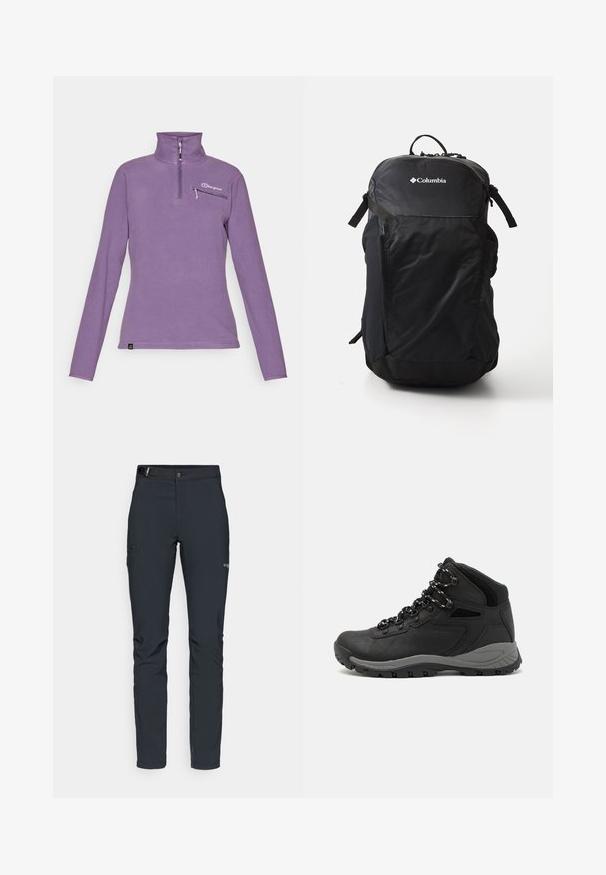 Pullover in pile viola con colletto alto, zip frontale a metà e tasca sul petto. Presenta un piccolo logo e dettagli di cucitura a contrasto.; Pantaloni da uomo per attività all'aperto, grigio scuro, realizzati in materiale elastico, dotati di cintura, tasche con zip e cuciture rinforzate.; Stivale da trekking nero con design a metà altezza, dotato di una tomaia texturizzata, accenti grigi e suola in gomma resistente con tasselli per la trazione.; Zaino nero realizzato in nylon liscio, con logo anteriore, spallacci regolabili e tasche laterali in rete per ulteriore spazio di stoccaggio.