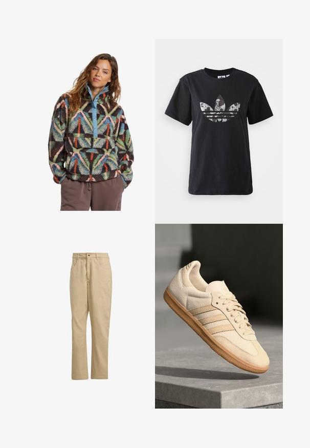 Billabong SWITCHBACK - Fleecepullover - black; Schwarzes Baumwoll-T-Shirt mit kurzen Ärmeln, das ein großes silbernes und braunes Grafikdesign des Adidas-Logos und der drei Streifen auf der Vorderseite zeigt.; Khakifarbene Baumwollhosen mit geradem Schnitt, ausgestattet mit einem vorderen Knopfverschluss, zwei Seitentaschen und minimaler Markenkennzeichnung auf der Vorderseite.; Helle beigetöne Wildledersneaker mit Gumminsohle, drei schrägen Streifen und einer strukturierten Zehenkappe. Mit Logo auf der Zunge und der Seite.