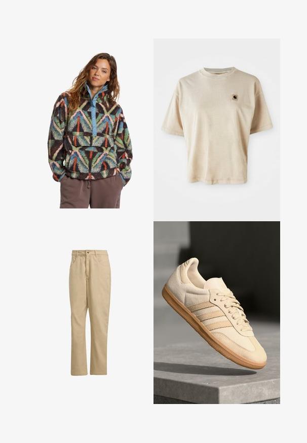 Billabong SWITCHBACK - Fleecová mikina - black; Beige bavlněné tričko s uvolněným střihem, kulatým výstřihem, krátkými rukávy a malou čtvercovou nášivkou na levé části hrudi.; Khaki bavlněné kalhoty s rovnými nohavicemi, s předním zapínáním na knoflík, se dvěma bočními kapsami a minimálním brandingem na přední straně.; Světlé béžové semišové tenisky s gumovou podrážkou, třemi diagonálními pruhy a texturovanou špičkou. Na jazyku a boku se nachází logo.