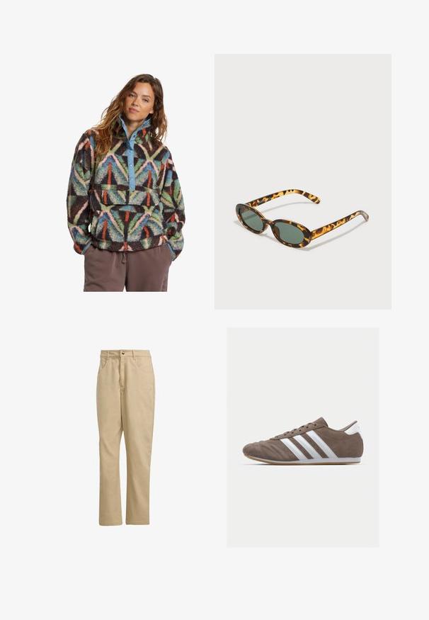 Billabong SWITCHBACK - Fleecepullover - black; Khakifarbene Baumwollhosen mit geradem Schnitt, ausgestattet mit einem vorderen Knopfverschluss, zwei Seitentaschen und minimaler Markenkennzeichnung auf der Vorderseite.; Braune Wildleder-Sportschuhe mit weißen Streifen, runder Zehenform, Schnürdesign und Gummisohle. Strukturiertes Obermaterial mit Nahtdetails.; Schildpatt-Sonnenbrille mit ovalen Rahmen, dunklen grünen Gläsern und schlanken Bügeln. Mit einem dezenten Logo auf dem Bügel.