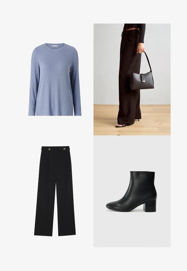 Maglia a maniche lunghe, a coste, di un morbido blu. Presenta un colletto rotondo e una vestibilità comoda. Realizzata in un tessuto liscio e leggero.; Pantaloni neri a gamba larga con vita alta, dettagli con bottoni in vita e pieghe frontali.; Stivali neri in pelle fino alla caviglia con punta appuntita e tacco spesso. Texture liscia con minimi dettagli e un design elegante e aderente.; Borsa nera con forma strutturata, texture liscia e una chiusura metallica. Abbinata a pantaloni neri larghi e sandali open-toe su un pavimento in legno.
