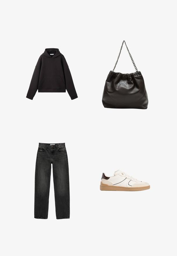 Felpa nera a maniche lunghe tagliata, realizzata in morbido misto cotone. Presenta una tasca frontale, vestibilità oversize e polsini larghi. Nessun marchio visibile.; Jeans in denim nero con una vestibilità rilassata, gamba dritta, design a cinque tasche e una texture leggermente sbiadita. Chiusura con bottone e zip nella parte anteriore.; Stradivarius Sneakers basse - white; Borsa in pelle marrone con parte superiore arricciata e tracolla a catena. Texture liscia con finitura lucida e dettagli di cucitura sottili sui lati.