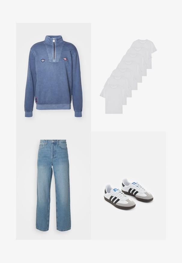 Sweatshirt azul em fleece com gola com fecho, apresentando um painel tonal e logótipos bordados. Punhos e bainha canelados, textura suave, design casual.; T-shirts brancos de algodão, mangas curtas, design de gola redonda, com textura lisa, empilhados em fila, com uma marcação subtil na gola.; Jeans de ganga de cintura alta, azuis claros, com pernas retas, fechamento frontal com botão e estilo de cinco bolsos em fundo liso.; Ténis desportivos com um cabedal em pele branca, biqueira em camurça cinza e três riscas pretas. Apresenta um logo azul na língua e uma sola de borracha texturizada.