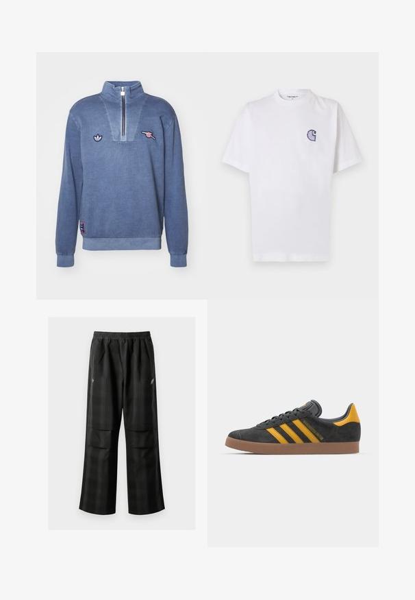 Sinine fliisist särk, millel on tõmblukk kaelas, tooniline paneel ja tikitud logod. Ribiga mansetid ja alläär, pehme tekstuur, juhuslik disain.; Valge puuvillane t-särk lühikeste varrukatega, ümara kaelusega ja vasakul rinnal väike tikitud sinine "C" logo.; Mustas ruudulised püksid, millel on elastne vöökoht, kaks esimest taskut ja laiem lõige sirge jala disainiga. Valmistatud kergest materjalist.; Mustad sametist spordijalatsid kollaste aktsentidega, millel on kolm triipu ja pruun kummitald. Mugavuse tagamiseks on neil pehmendatud keele osa.