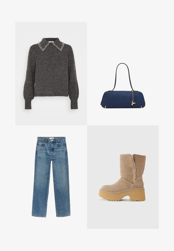 Ciemnoszary sweter o teksturowanym splocie, z kołnierzem ozdobionym perłowymi akcentami oraz bufiastymi rękawami, ściągaczami na mankietach i dolnym brzegu.; Jasnoniebieskie dżinsy w prostym kroju, z pięcioma kieszeniami i zapięciem na guzik w talii. Posiadają widoczne szwy oraz wyblakłe wykończenie.; Beżowe zamszowe botki do połowy łydki z grubą żółtą platformą, z miękką, teksturowaną podszewką i zaokrąglonym noskiem. Gładka powierzchnia zewnętrzna.; ALDO THALELI niebieski