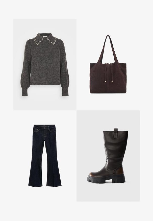 Temno siva pulover s strukturiranim pletenjem, ki ima ovratnik okrašen z bisernimi detajli in napihnjenimi rokavi, ribanimi manšetami in robom.; Temno modri kavbojke z višjim pasom, sprednjimi žepi in širokimi boki, prikazane na ravni beli podlagi.; Visok črn usnjen škornj z robustnim črnim podplatom in rjavim akcentom na peti, stranski pogled na svetlo sivi ozadju.; Mango Torba za nakupovanje - dark brown
