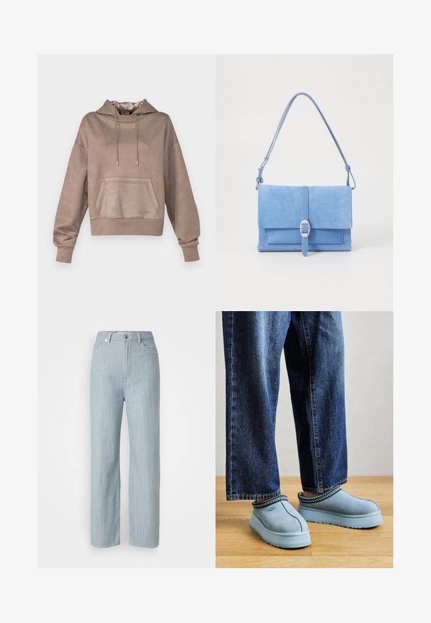Brauner, weicher Kapuzenpullover aus Stoff mit einer vorderen Tasche, Kordelzugkapuze und gerippten Bündchen. Merkmale ein geprägtes Logo auf der Vorderseite.; Helle blaue gerade geschnittene Jeans aus Denim. Verfügt über fünf Taschen, einen Metallknopfverschluss und dezente Waschungen für zusätzliche Textur.; Blaue Wildleder-Slippers von UGG mit dicken Sohlen, getragen zu blauen Jeans auf einem Holzboden vor einem schlichten Hintergrund.; Blaue Wildleder-Handtasche mit einem glatten Lederboden, einem umklappbaren Deckel, silbernem Schnallendetail und einem langen, verstellbaren Tragegurt.