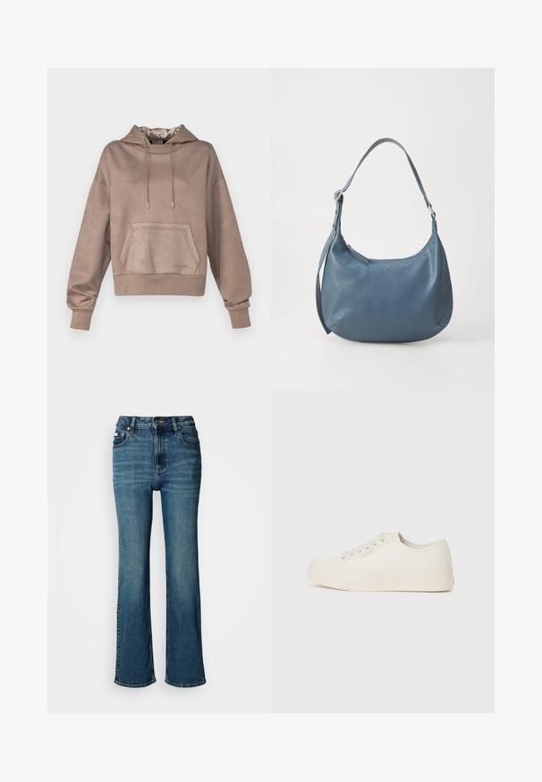 Felpa con cappuccio in morbido tessuto marrone, dotata di tasca frontale, cappuccio con cordino e polsini a coste. Presenta un logo impresso sulla parte anteriore.; Jeans a vita alta blu in denim, con un design a gamba dritta, lievi sbiaditure e chiusura con bottone e cerniera standard.; Sneakers realizzati in tela bianca sporca, caratterizzati da un design a bassa altezza, punta rotonda e suola piatta in gomma con dettagli di cucitura discreti.; Borsa in pelle blu dalla forma arrotondata, con una sola tracolla, chiusura con zip e nome del marchio in rilievo sulla parte anteriore. Texture liscia.