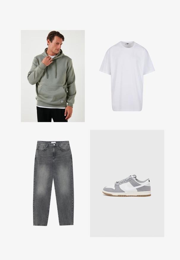 Heled roheline kapuutsiga sviiter, kus on känguru tasku, nöörid, soonikkoes varrukad ja väike logo silt hemmi lähedal. Sile tekstuur, mitteametlik disain.; Valge puuvillane t-särk lühikeste varrukatega, ümmarguse kaelusega, lõdva lõikega ja ilma nähtavate logodeta või mustriteta. Sile tekstuur ja minimaalne disain.; Kõrgema vöökohtadega, lõdva lõikega teksad, mis on valmistatud tuhmist mustast denimist. Selles on viis taskut, traksid ja puhas, sirge säärelõige.; Halli ja valge tennis鞋, millel on nubuk- ja nahkdetailid, ümar varvas, lamedad nöörid ning kummist tald, millel on kola aktsent.