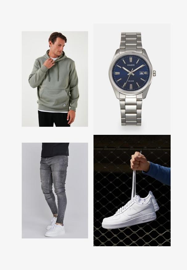 Svijetlozeleni dukserica s kenguru džepom, vezicama, rebrastim manžetama i malim logotipom pri rubu. Glatka tekstura, ležeran dizajn.; Uske mršave traperice u izblijedjelom sivoj boji, s iznošenim detaljima na koljenima, uparenim s bijelim tenisicama. Glatka tekstura, dizajn prilagođen tijelu.; Bijele kožne tenisice s perforacijama, okruglim vrhom, ravnim potplatom i debelim vezicama, s vidljivim swoosh logom i natpisom "AIR" na peti.; Srebrni sat od nehrđajućeg čelika s tamnoplavim brojčanikom, metalnim oznakama sati i prozorom za datum na 3 sata. Vodootporan do 50 metara.