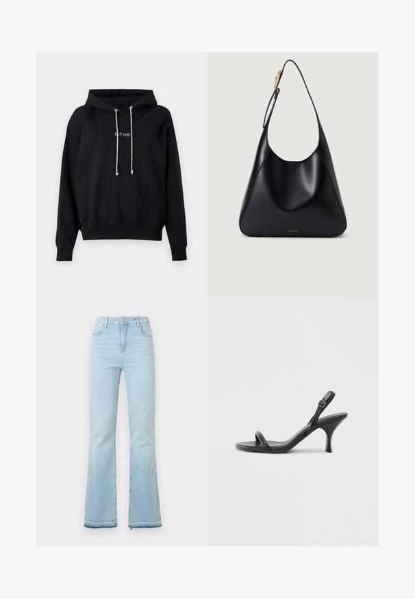 Schwarzer Hoodie aus Baumwolle mit einer Kapuze mit Kordelzug, gerippten Bündchen und Saum. Auf der Brust befindet sich ein weißer, gestickter Schriftzug "EST. 1981".; Hellblaue Schlagjeans aus Denim, mit hoher Taille, Vordertaschen und einem rohen Saum an den Bündchen für einen lässigen Look.; Schwarze Leder-Sandalen mit hohen Absätzen, schlankem, gebogenem Absatz und gekreuztem Riemendesign. Verstellbarer Knöchelriemen. Glatte Textur.; Schwarze Leder-Schultertasche mit glatter Textur, geschwungener Silhouette und goldfarbenen Hardware-Akzenten. Mit geprägtem Markenlogo an der Basis.