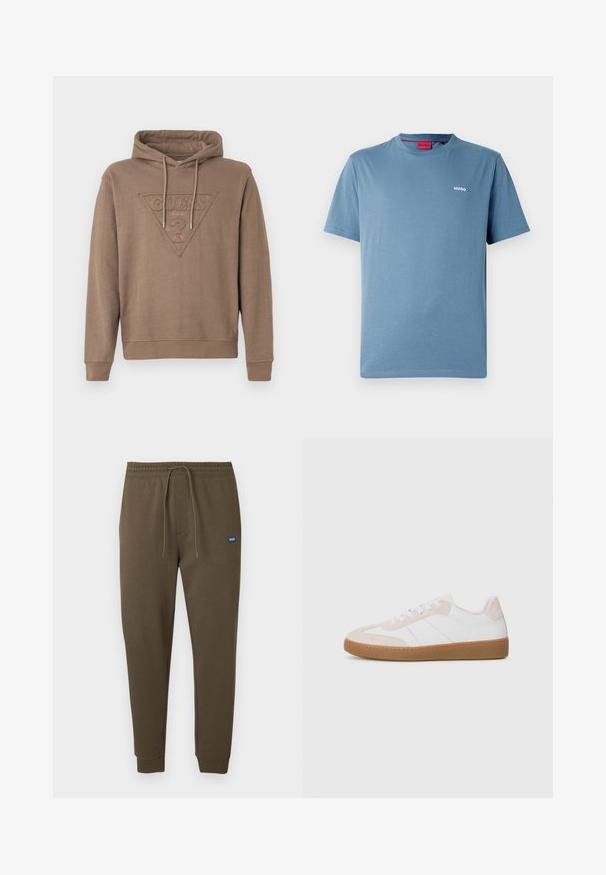 Pruun kapuutsiga sweatshirt, millel on esiosas kolmnurgas tõstetud GUESS logo ja kapuutsi reguleeritavad nöörid.; Sinine lühikeste varrukatega ümara kaelusega T-särk, millel vasakul rinnal väike valge "HUGO" logo ja punane sisemine kraelapp.; Tumed oliivrohelised dressipüksid, millel on elastne vöökoht, nöörkinnitus, küljetaskud ja soonikkäised. Vasakul väike sinine logomärk.; Valge ja beež sneaker, millel on napale ja nahast elemendid. Varustatud kummist tallaga, nööpidega sulgemisega ning minimalistlikke külgribadega.