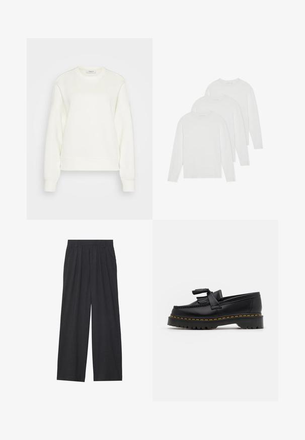 Felpa girocollo color avorio, realizzata in morbido misto cotone. Presenta maniche lunghe, una vestibilità comoda e orlo e polsini a coste.; Set di tre t-shirt a maniche lunghe di colore bianco puro. Realizzate in tessuto leggero e morbido, con scollo rotondo e design semplice, senza decorazioni.; Pantaloni a gamba larga realizzati in tessuto grigio scuro. Presentano pences in vita, un design sartoriale e una silhouette dritta.; Mocassino in pelle nera con un'accento a frange, dotato di una suola nera spessa e cuciture gialle lungo il bordo. Finitura testurizzata.