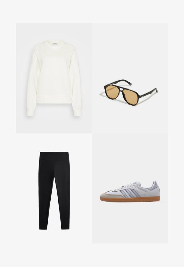 Mikina s kulatým výstrihom v odtieňoch smotanovej, vyrobená z príjemnej zmesi bavlny. Má dlhé rukávy, voľný strih a rebrované lemy a manžety.; Čierne legíny vyrobené z hladkej, elastickej tkaniny. Majú široký pás a zoštíhlený strih nohavíc, vhodné na aktívne alebo príležitostné nosenie.; Biele kožené tenisky s svetlomodrými akcentmi, sivým semišovým špičkou a hnedou gumovou podrážkou. Obsahujú tri modré pruhy a branding "Samba".; Čierne slnečné okuliare s hnedými farebnými šošovkami; obdĺžnikový tvar s hrubým rámom, vrátane jemných kovových akcentov na stranách.