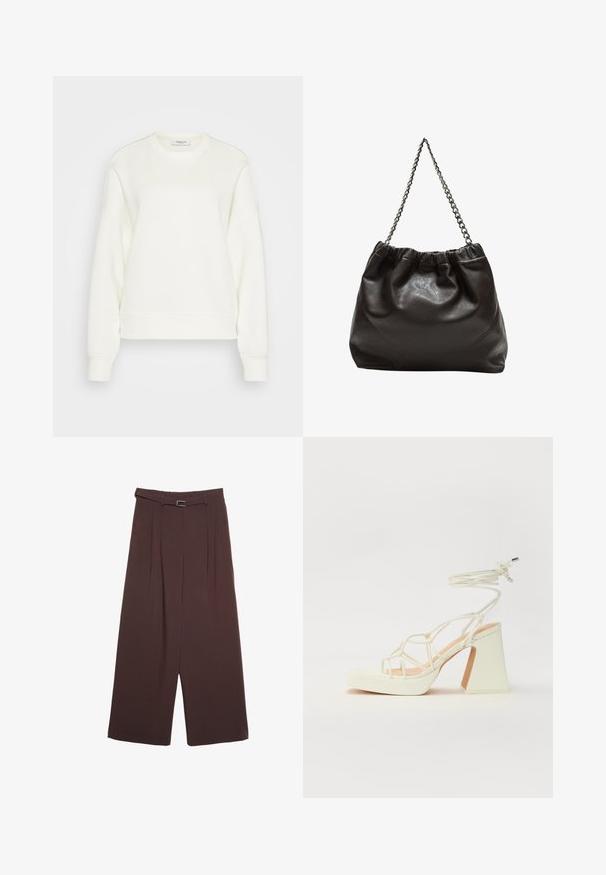 Pulover s crewneck iz off-white barve, narejen iz mešanice mehkega bombaža. Ima dolge rokave, sproščen kroj ter rebrast rob in manšete.; Stradivarius WIDE-LEG WITH BUCKLE DETAIL - Hlače - dark brown; Bela sandala na visokih petah s debelim petam, ki ima obliko trakcev in vezanje okoli gležnja. Gladka tekstura z platformo spredaj za dodatno višino.; Rjava usnjena torba z nabranim vrhom in verižnim trakom. Gladka tekstura z sijajno površino in subtilnimi šivi na straneh.