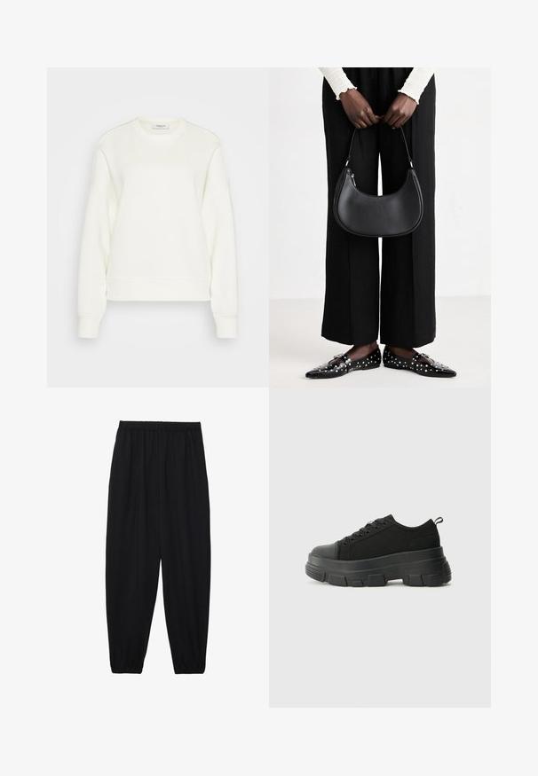 Kreklu džemperis off-white krāsā, izgatavots no mīkstas kokvilnas maisījuma. Iezīmē garas piedurknes, brīvu siluetu un ribota apakšmala un piedurknes.; Melnas, vieglas bikses ar elastīgu jostu un savilktiem potītiem. Audums ir gluds un to raksturo brīva, sašaurināta forma.; Melnas kedas ar masīvu gumijas zoli, teksturētu auduma augšdaļu, apaļu purngalu un saistīšanas dizainu. Iekļautas pastiprinātas acs atveres un aizmugurējais cilpiņas siksniņa.; Melnas ādas plecu soma ar apaļu formu, spīdīgu apdari un sudraba komponentēm. Persona valkā melnus platā piegriezuma bikses un vadlīniju mokasīnus ar kniedēm.