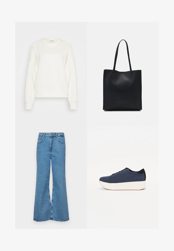 Crewneck sweatshirt in off-white, gemaakt van een zachte katoenmix. Heeft lange mouwen, een ontspannen pasvorm en ribgebreide zoom en manchetten.; Lichtblauwe flared jeans van denim, met een hoge taille, vijf zakken en een enkele knoopsluiting. Zachte textuur met een vervaagde afwerking.; Marineblauwe sneaker met een textuurstof bovenwerk, witte platformzool, ronde neus en zwart hakaccent. Voorzien van zes gaatjes voor veters.; Zwarte leren handtas met een gladde textuur, rechthoekige vorm en twee lange handvaten. Geen zichtbare hardware of versieringen.