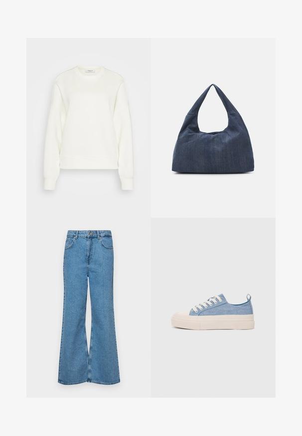 Crewneck sweatshirt in off-white, gemaakt van een zachte katoenmix. Heeft lange mouwen, een ontspannen pasvorm en ribgebreide zoom en manchetten.; Lichtblauwe flared jeans van denim, met een hoge taille, vijf zakken en een enkele knoopsluiting. Zachte textuur met een vervaagde afwerking.; Lichtblauwe canvas sneakers met een crème rubberen neuskap en zool, voorzien van witte veters en een trekstrip op de hiel.; Donkerblauwe denim tas met een zachte, slungelige vorm, voorzien van een hobo-stijl handvat en een gestructureerd oppervlak. Geen zichtbare hardwareaccenten.